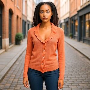 J. Crew Lightweight Mohair Blend Ruffle Neck Cardigan XS Coral Sheer Knit Y2K